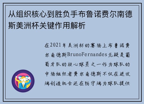 从组织核心到胜负手布鲁诺费尔南德斯美洲杯关键作用解析